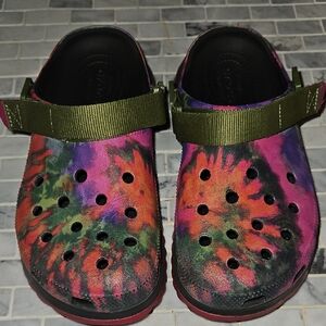 CROCS Multicolor Tie-Dye Clogs with Green Strap